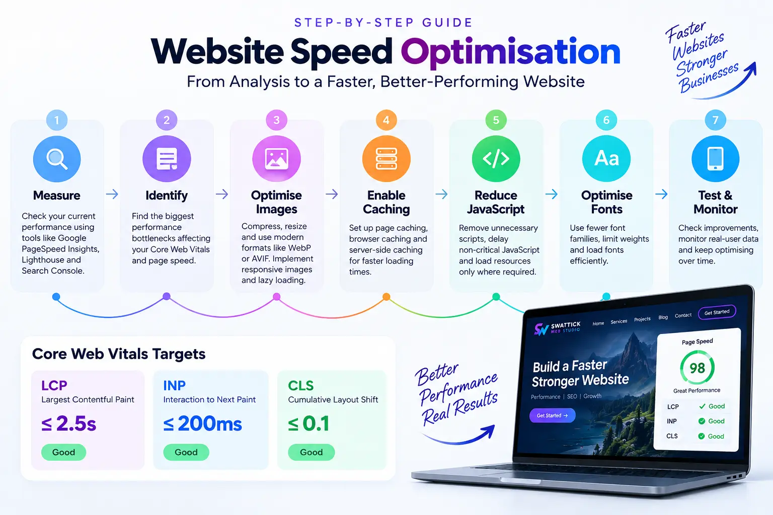 Website speed optimisation process showing Core Web Vitals, image optimisation, caching, JavaScript and performance testing