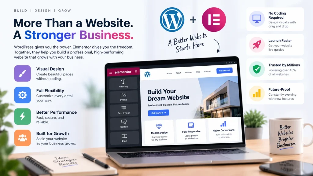 WordPress and Elementor interface showing a professional business website workflow